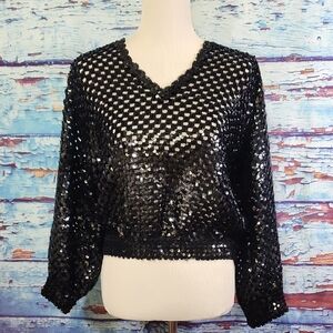 Black Party Sequin Disco Glam Women's Vtg Blouse Size M